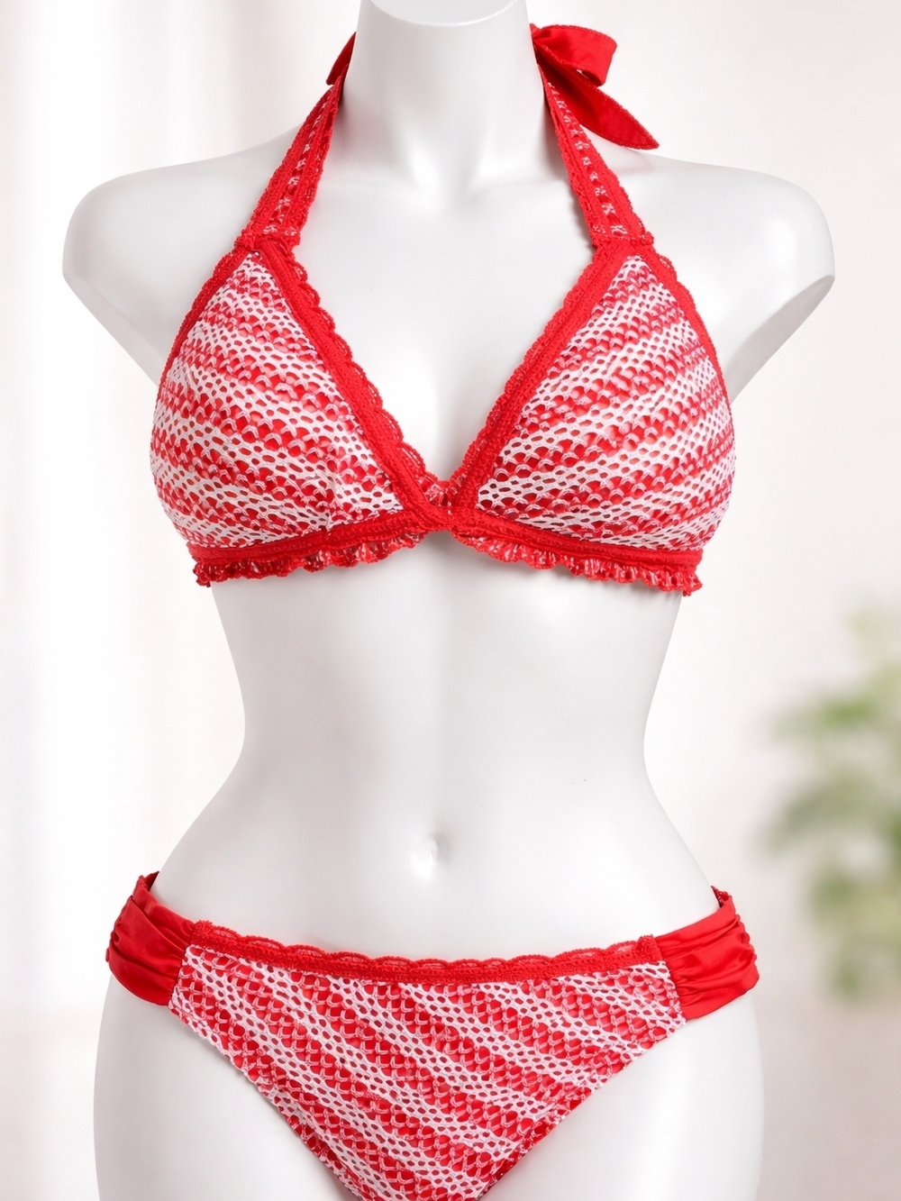 NWT Becca Red & White Crochet Halter Bikini Set